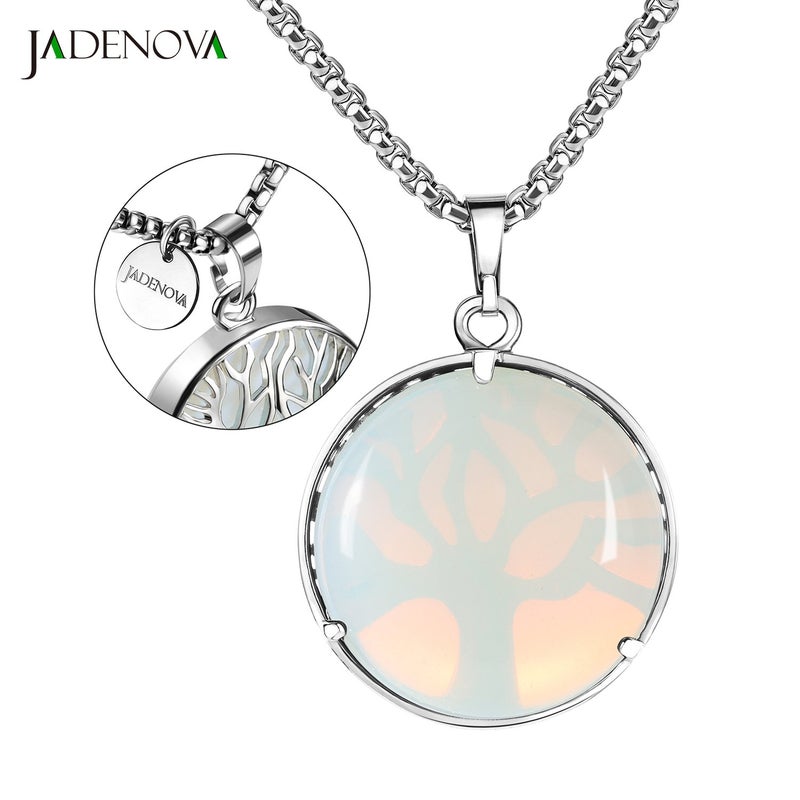 JADENOVA Family Tree Necklace Tree of Life Synthetic Opal Gemstone Crystal Pendant Necklace 24 Inches Stainless Steel Chain - Image 3